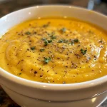 Close-up view of a bowl of creamy pumpkin soup with a smooth texture.
