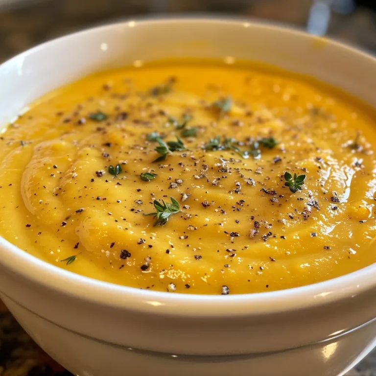 Close-up view of a bowl of creamy pumpkin soup with a smooth texture.