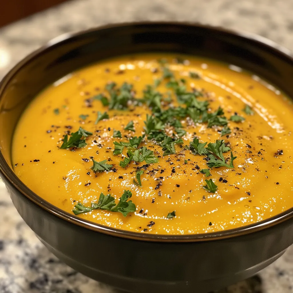 Side view of a steaming bowl of pumpkin soup garnished with a sprinkle of spices.