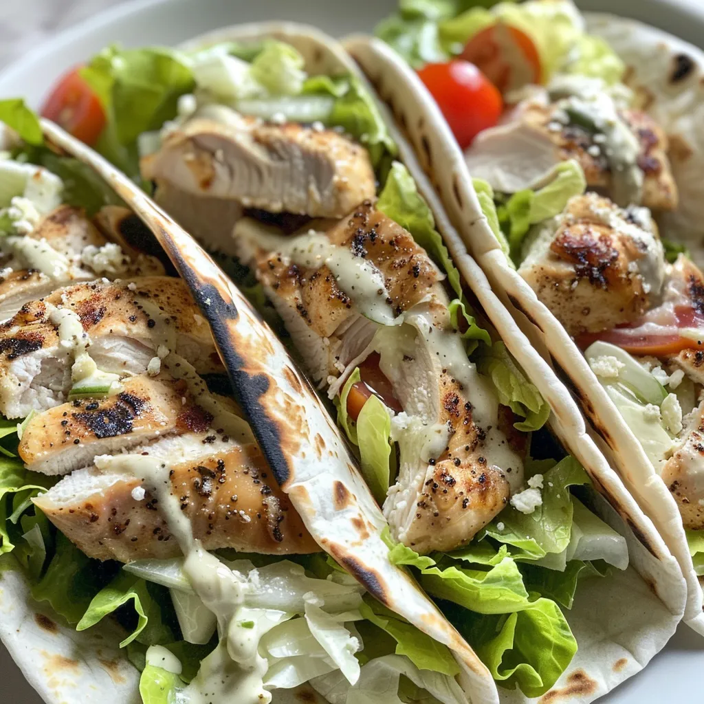 Side perspective of a delicious grilled chicken Caesar wrap filled with romaine and creamy dressing.