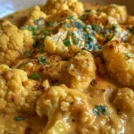 A close-up view of smooth, creamy curried cauliflower in a bowl.