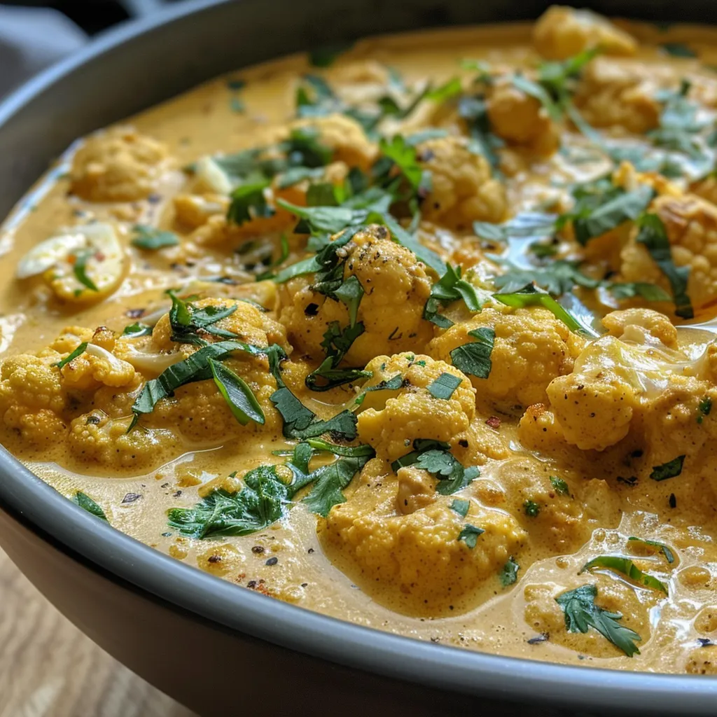 Side profile of a luscious, golden-yellow curried cauliflower cream dish.