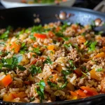 Close-up of a colorful turkey rice skillet with visible bell peppers and spices.
