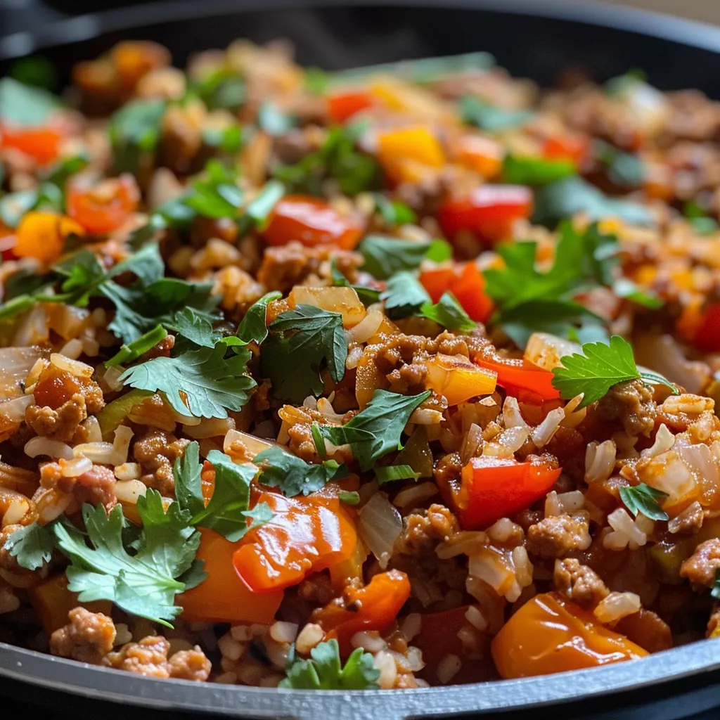 Side view of a hearty turkey rice dish, showcasing ground turkey and tomatoes.
