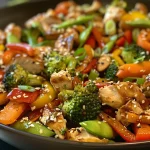 Close-up view of colorful chicken and vegetable stir-fry in a bowl.