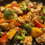 Close-up of juicy chicken stir fry with colorful vegetables on a plate.