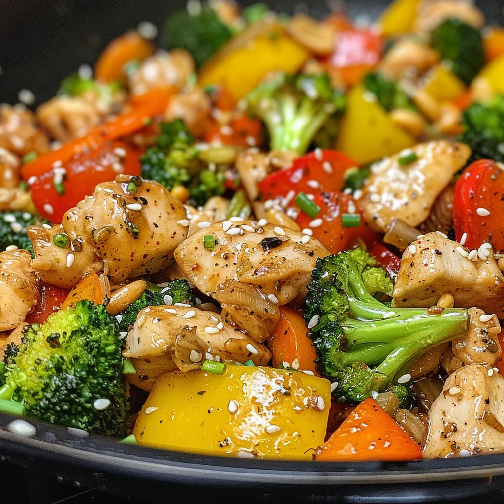Side view of a vibrant chicken stir fry featuring broccoli, bell peppers, and carrots.