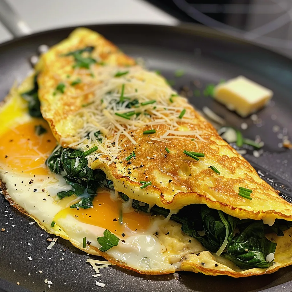 Side angle of a delicious spinach and cheese omelet garnished with herbs.