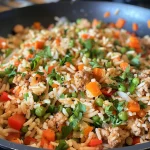 A close-up side view of a skillet filled with a colorful turkey rice dish featuring ground turkey, rice, and assorted vegetables.