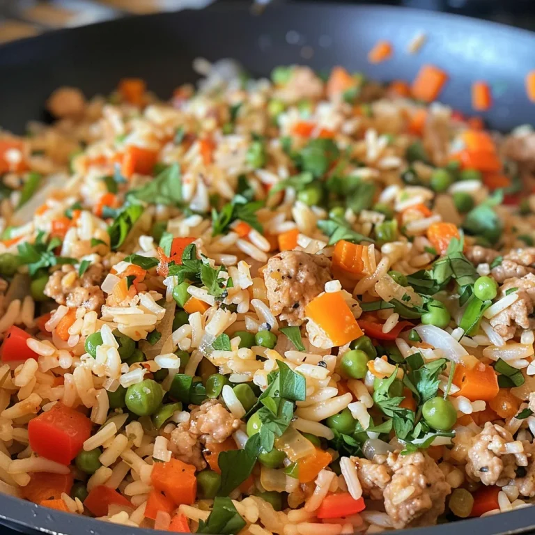 A close-up side view of a skillet filled with a colorful turkey rice dish featuring ground turkey, rice, and assorted vegetables.