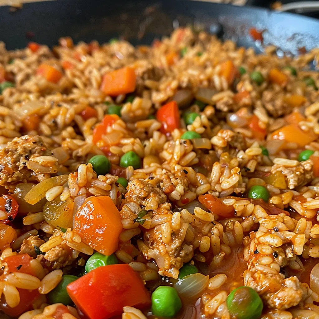 A detailed view of a hearty turkey rice dinner skillet with vibrant bell peppers and peas, ready to serve.