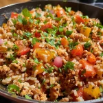 Close-up of a turkey rice skillet with colorful vegetables and spices.