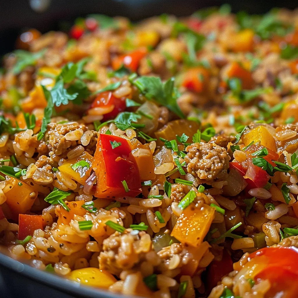 Juicy turkey rice dish garnished with fresh herbs and tomatoes.