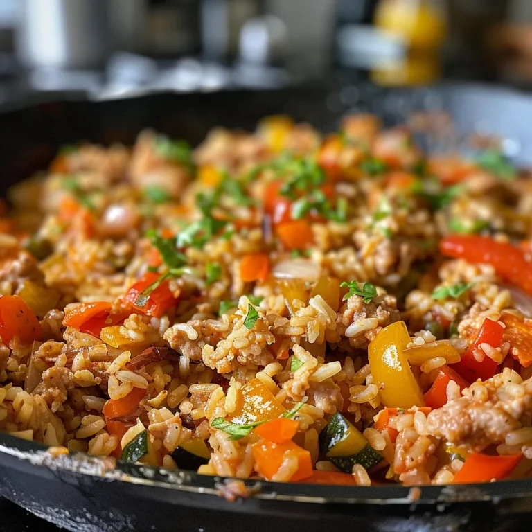 Close-up view of a colorful turkey vegetable rice skillet with fresh herbs.