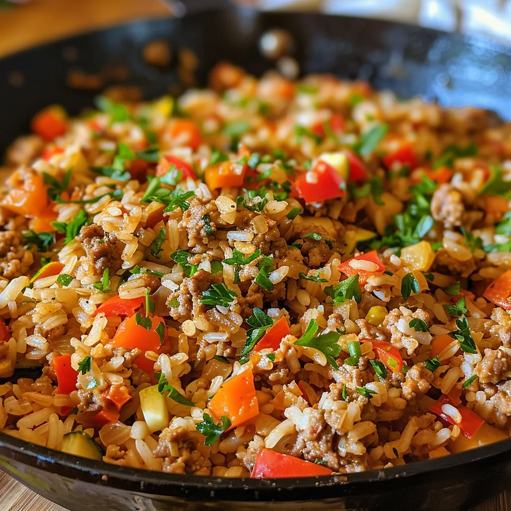 Juicy ground turkey mixed with vibrant vegetables and rice in a skillet.