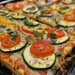 Close-up view of a delicious veggie pizza topped with colorful vegetables.