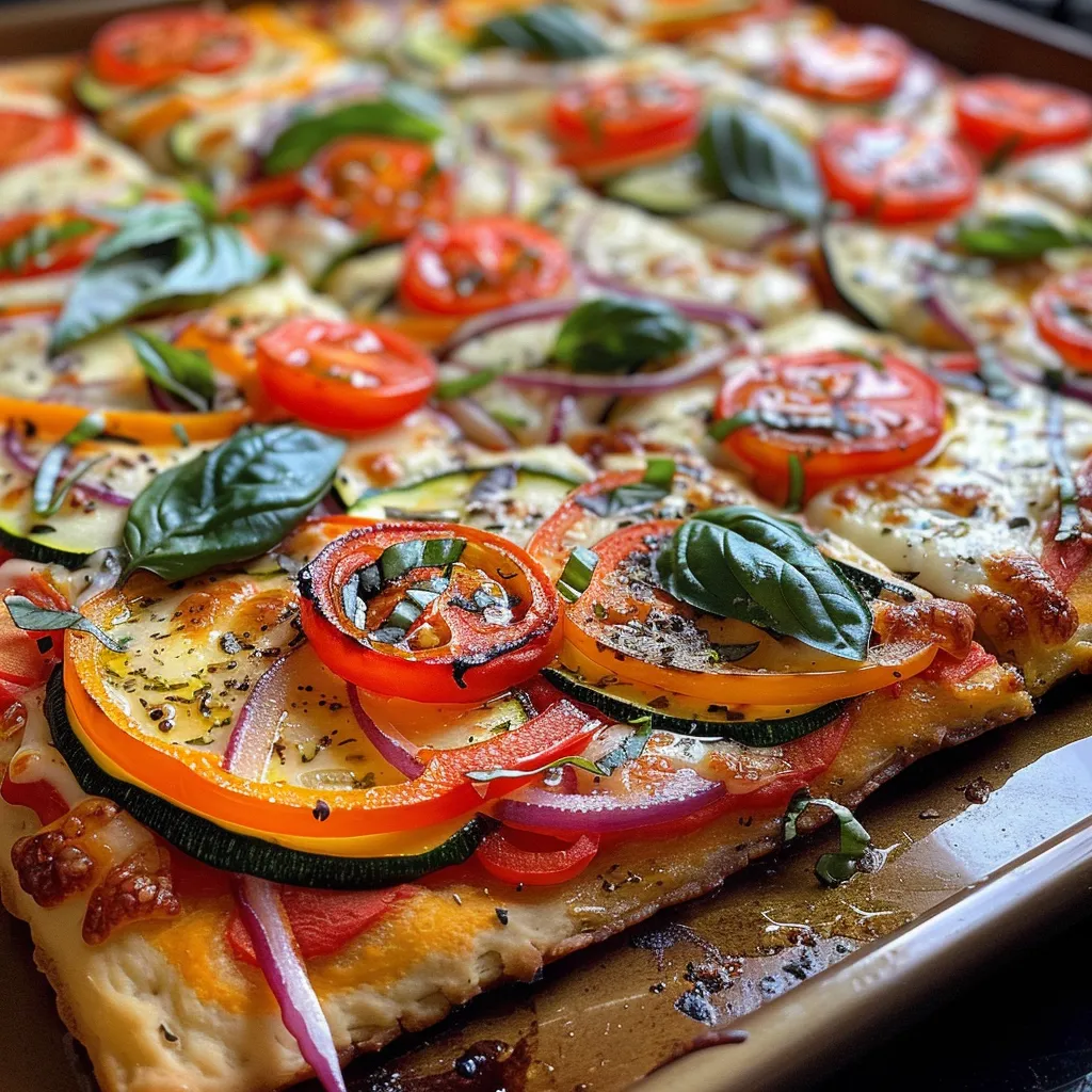 Side angle of a homemade veggie pizza with melted cheese and fresh toppings.