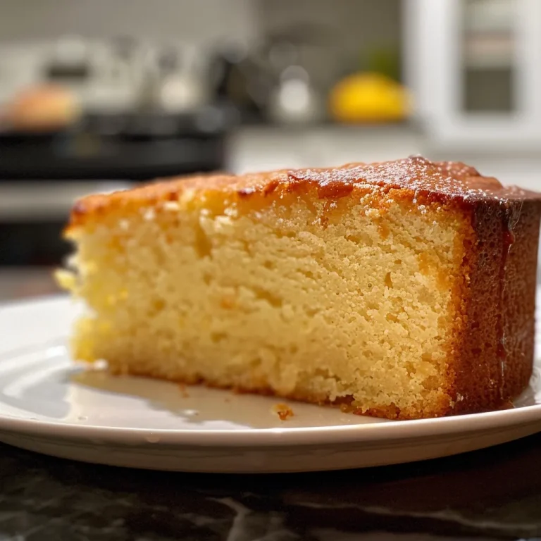 A close-up side view of a moist Easy Yogurt Cake topped with a shiny apricot jam glaze.