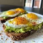 A close-up side view of a plate with Egg Avocado Toast topped with a perfectly cooked egg.