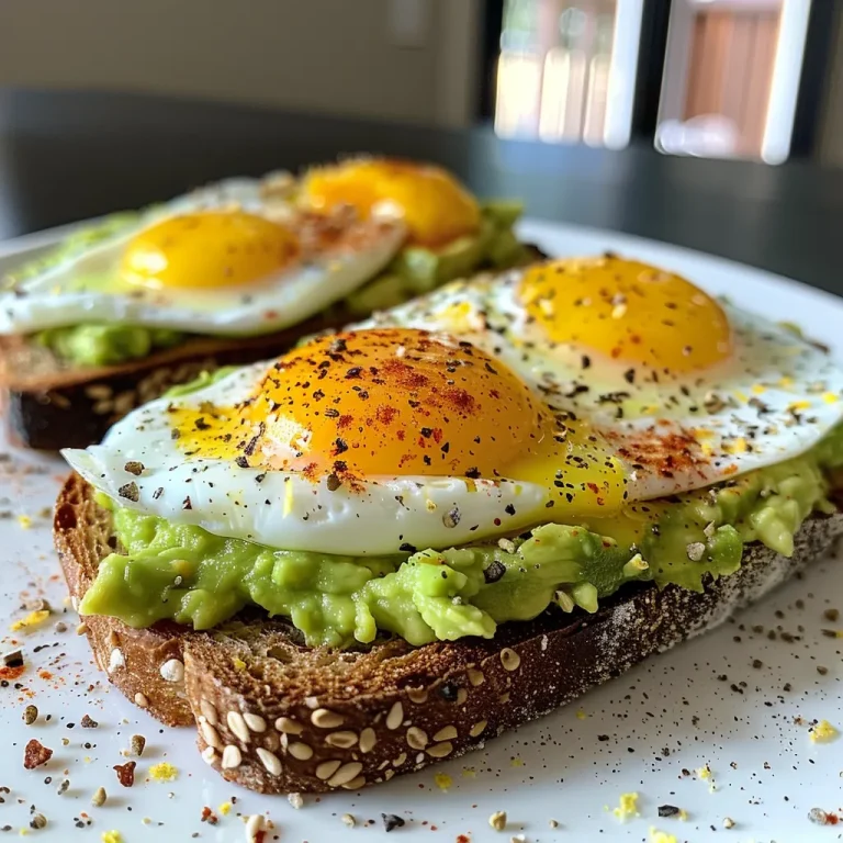 A close-up side view of a plate with Egg Avocado Toast topped with a perfectly cooked egg.
