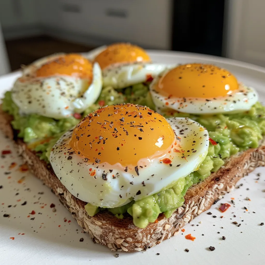 Juicy Egg Avocado Toast on a slice of bread, with vibrant green avocado and a sunny-side-up egg.