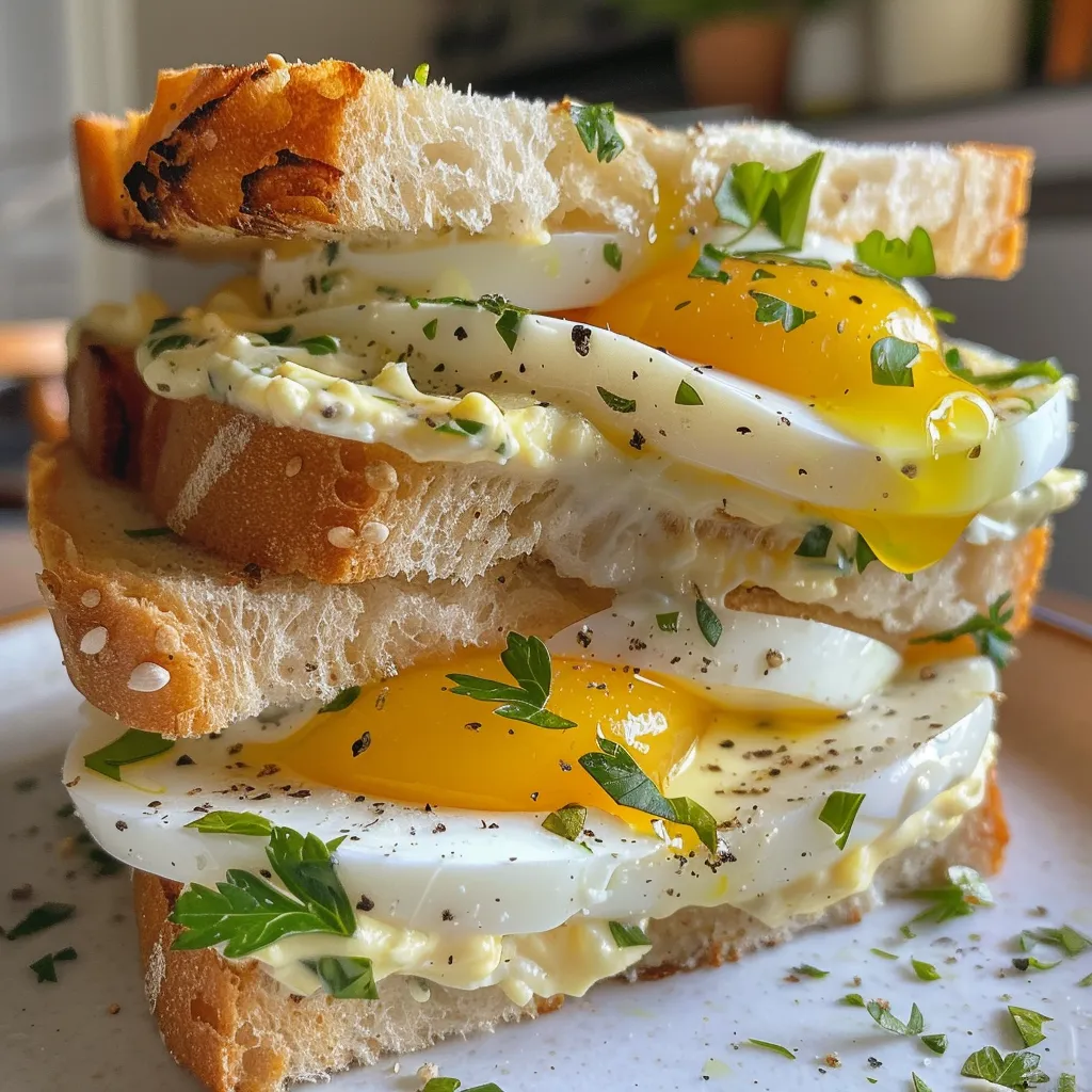 Close-up side view of an Egg Mayo Sandwich, highlighting the vibrant yellow egg filling and sliced bread.