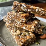Close-up photo of delicious energy bars made with cashews and dates.