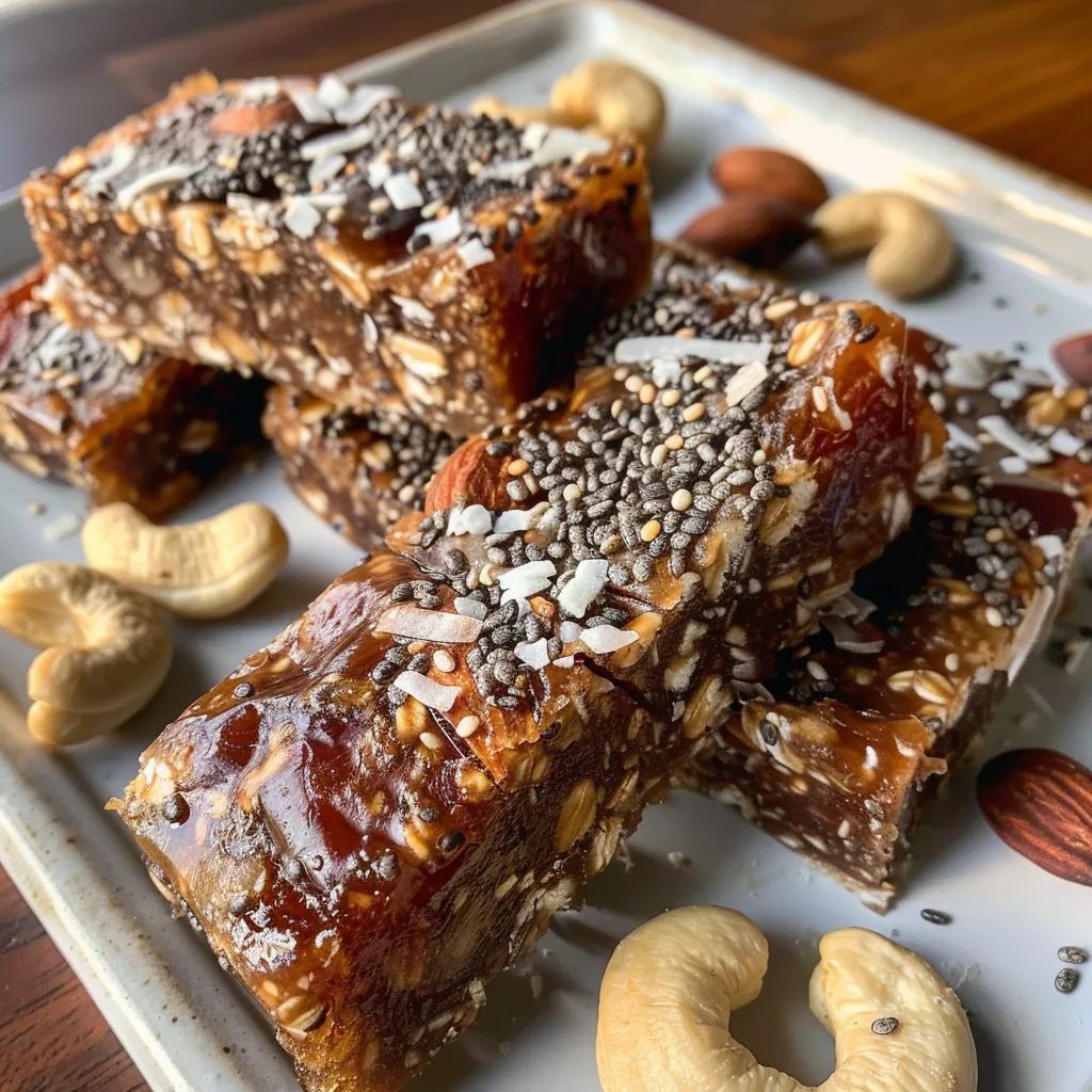 Side view of homemade energy bars featuring nuts, seeds, and chocolate.
