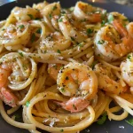 Close-up view of a bowl of shrimp pasta, featuring juicy shrimp and creamy sauce.