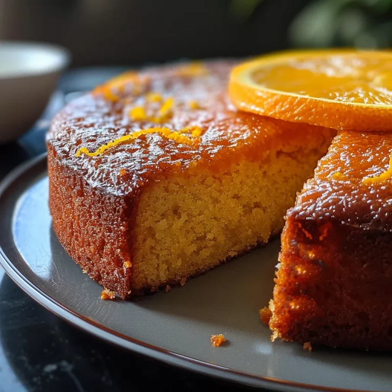 Close-up side view of a flourless orange cake, showcasing its moist texture and vibrant color.
