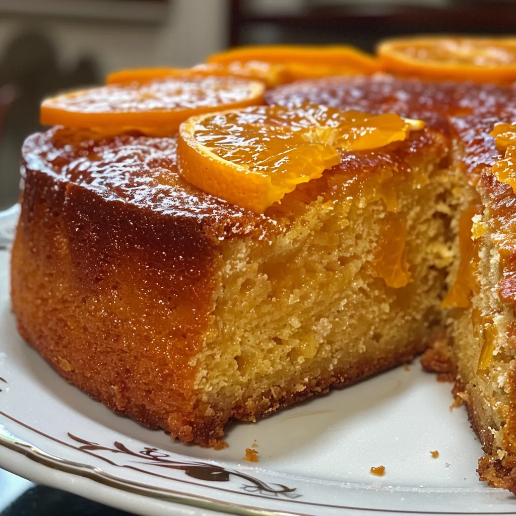 A slice of flourless orange cake, highlighted with juicy orange pieces and a golden crust.
