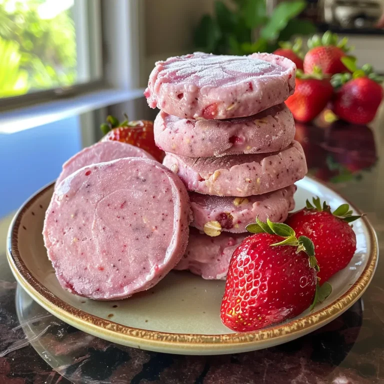 Close-up side view of frozen strawberry yogurt cookies, showcasing the texture and ingredients.