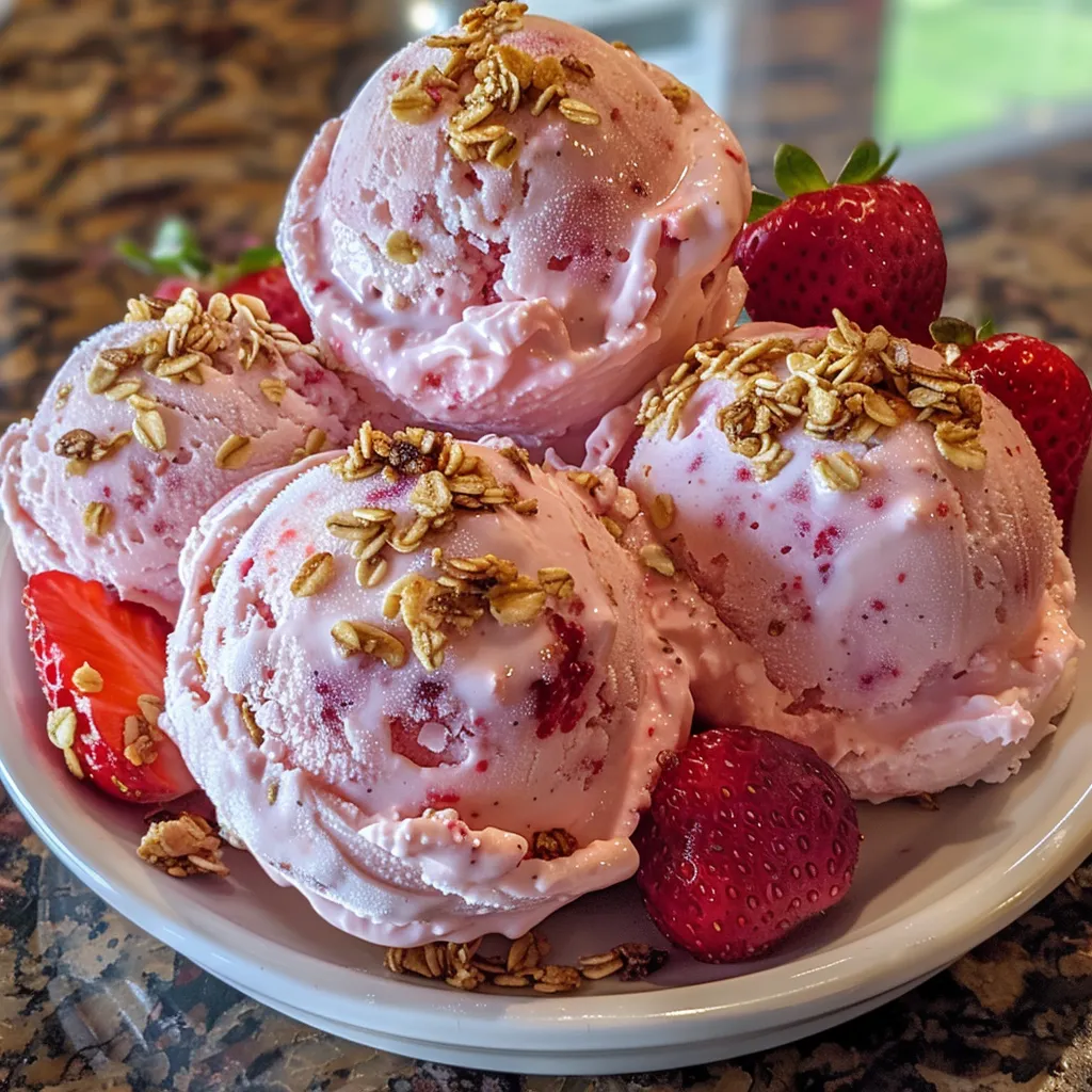 Juicy frozen strawberry yogurt cookies on a plate, with fresh strawberries and granola visible.