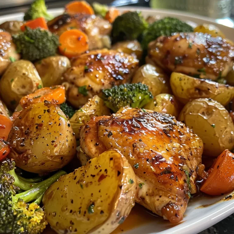 A close-up view of juicy garlic butter chicken served with colorful mixed vegetables and baby potatoes.