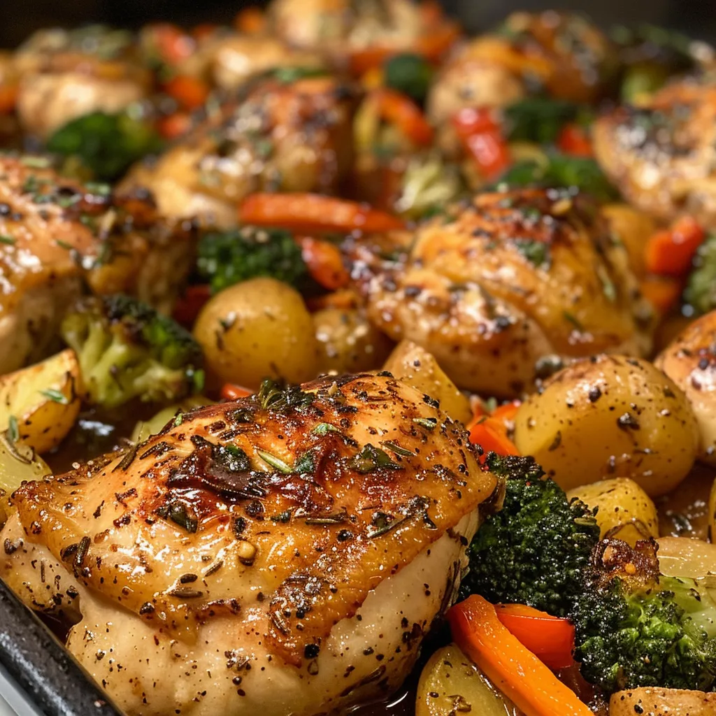 Side view of a plate featuring succulent garlic butter chicken, halved baby potatoes, and vibrant sautéed veggies.