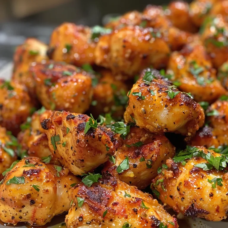Close-up of juicy garlic butter chicken bites garnished with fresh parsley.