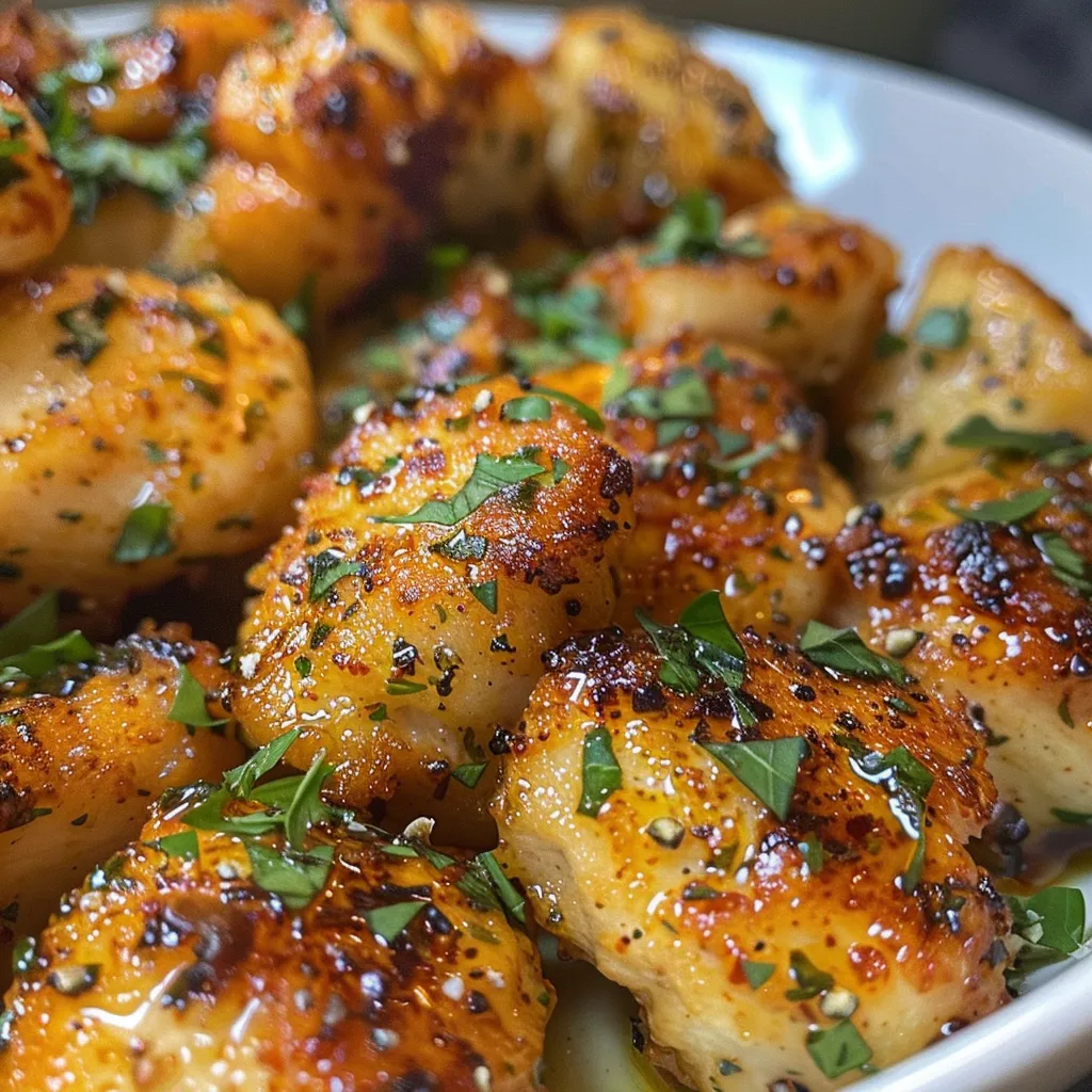 Sizzling garlic butter chicken pieces with a golden crust and herbs.