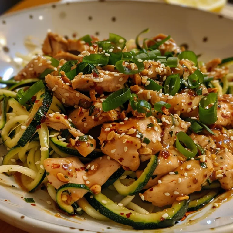 Close up of Garlic Chicken Zucchini Noodles Stir Fry in a white bowl.