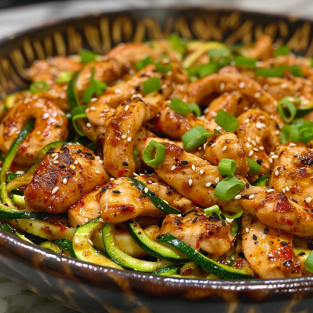 Side view of a vibrant stir fry featuring chicken and spiralized zucchini noodles.