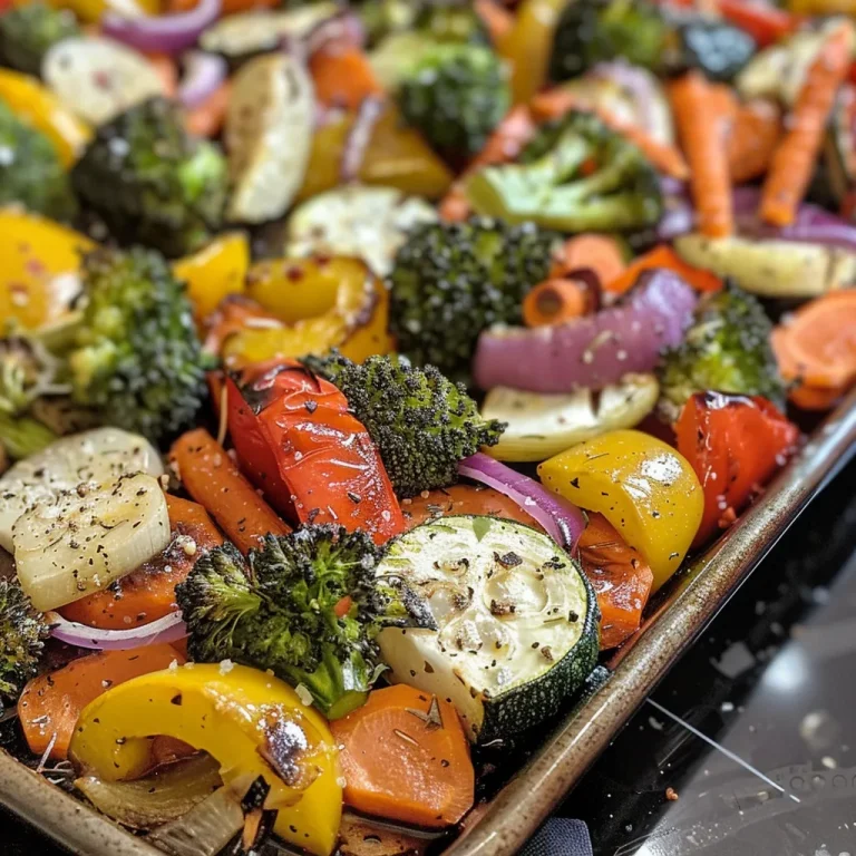 Close-up view of vibrant garlic roasted vegetables, including broccoli, cauliflower, and bell peppers.