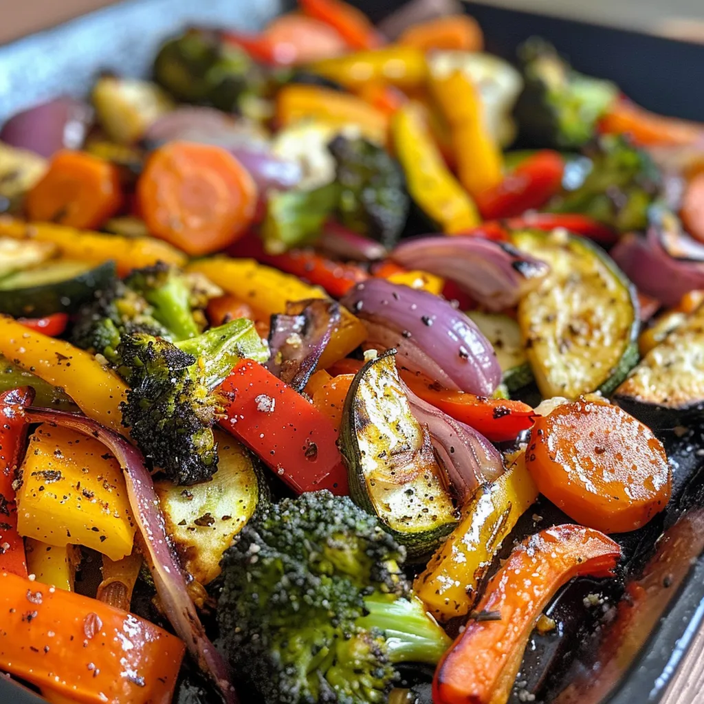 Side view of a colorful assortment of garlic roasted vegetables on a white plate.