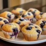 Close-up view of a fluffy Greek yogurt blueberry muffin with blueberries visible on top.