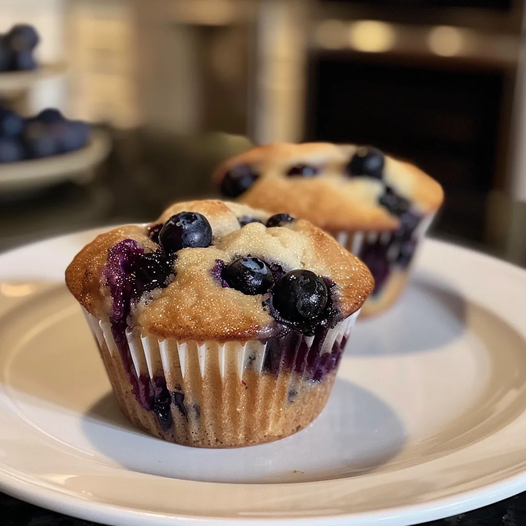 Side view of a golden-brown Greek yogurt blueberry muffin, showcasing its moist texture.
