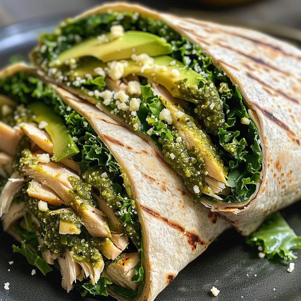 Side view of a delicious whole wheat wrap filled with chicken, pesto, quinoa, kale, and cheese.