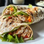 Close-up view of a grilled chicken wrap with lettuce and cheese.