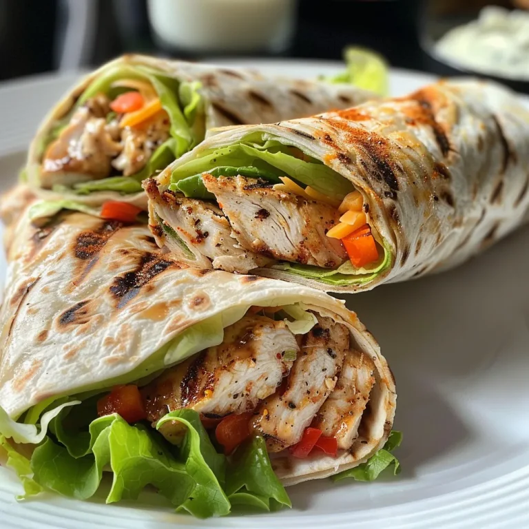 Close-up view of a grilled chicken wrap with lettuce and cheese.