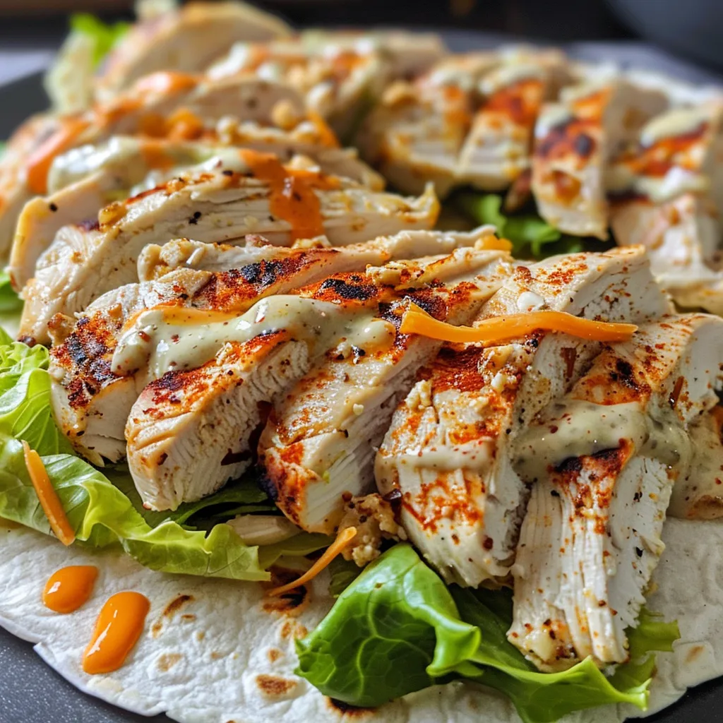 Side view of a juicy grilled chicken wrap filled with fresh ingredients.
