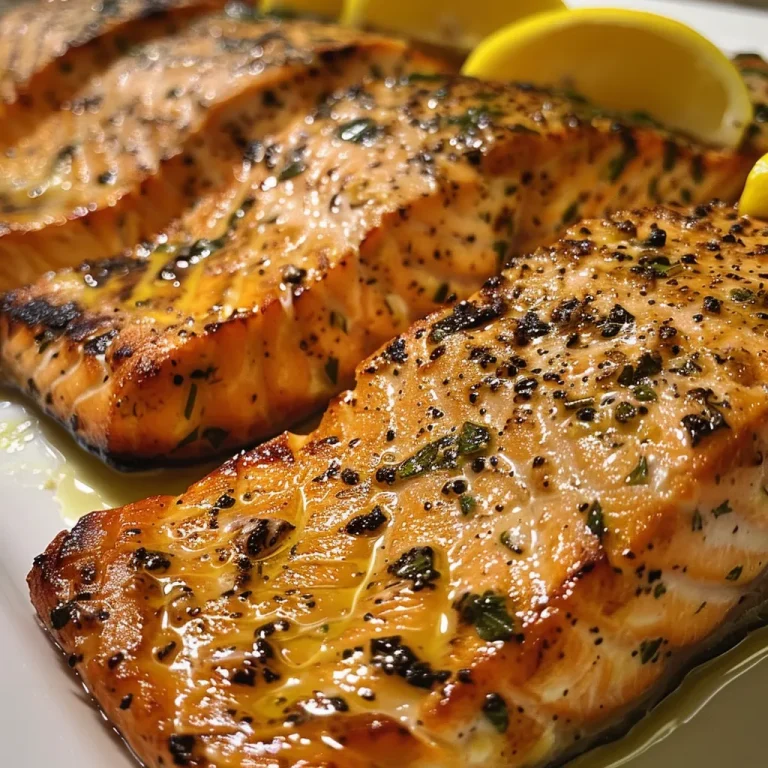 Close-up of grilled salmon fillet topped with lemon butter sauce and garnished with lemon wedges.