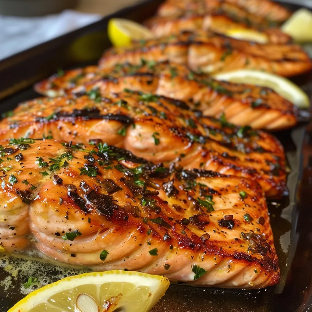 Side view of juicy grilled salmon with a rich lemon butter glaze on a white plate.