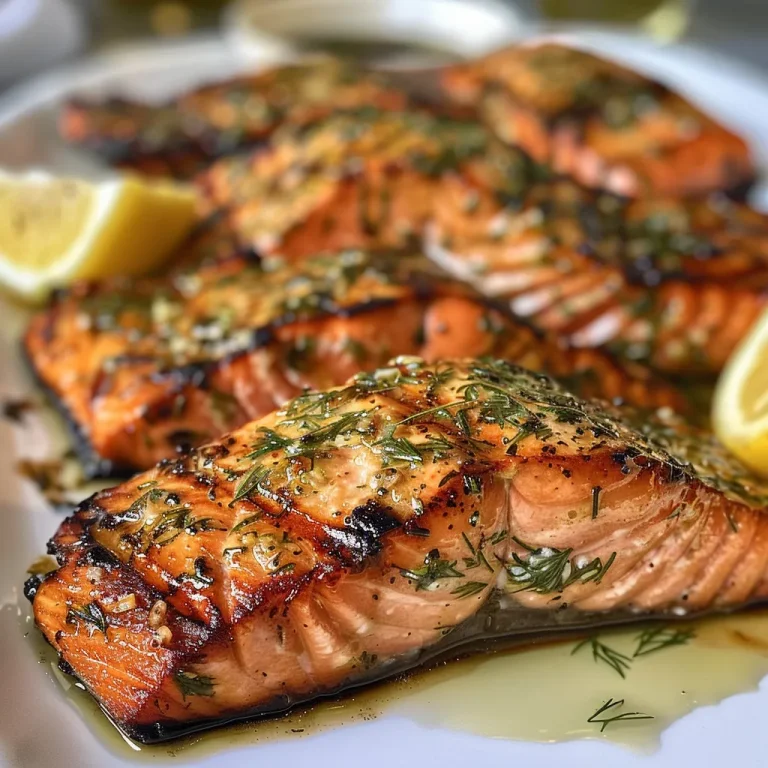 Close-up of a juicy grilled salmon fillet with a golden-brown crust, garnished with lemon wedges.